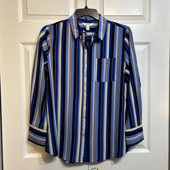 Nine West Tops - NWT Nine West Top Sz L Large Blue Striped Multicolor Button Front Long Sleeve